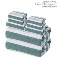 8-Piece Bath Towel Set: No-Shedding, Ultra-Soft & Super Absorbent Towels In Dual-Tone Stripes. Hotel-Grade Luxury With 2 Large Bath Towels, 2 Medium Bath Towels, And 4 Small Hand Towels. - Green - View 12