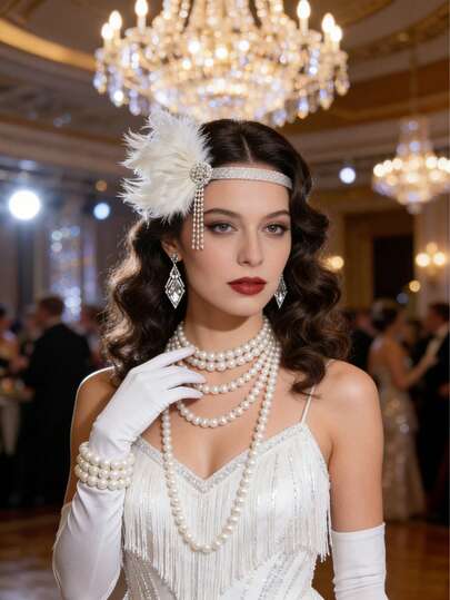 1920年代复古摩登女郎风格全套首饰：羽毛水钻发箍、多层珍珠项链、珍珠手链、菱形水钻耳环、长款蕾丝手套。适合化装舞会、复古装扮、角色扮演，以及优雅迷人的配饰。