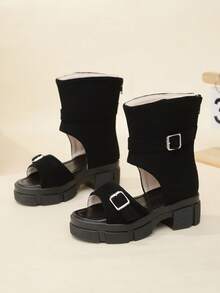 儿童时尚百搭休闲中筒凉鞋，女童厚底可爱罗马风高端凉鞋 - 黑色 - 查看 3