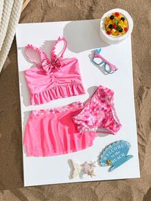 Young Girl New Pink Ruffle Trim Tankini Top + Fish Scale Print Triangle Bikini Bottom Set With Mini Skirt - Pink - View 3