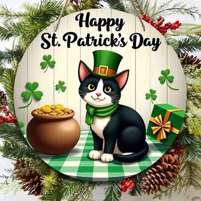 1 pieza, Letrero de madera, con un gato negro y una moneda, para el Día de San Patricio, diseñado para ser colgado frente a la puerta, adecuado para porches al aire libre. La decoración de corona de madera para esta temporada de cabaña mide 20 x 20 cm y es perfecta para la decoración del Día de San Patricio.