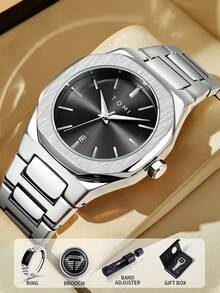 TOMI Men's Quartz Watch Set With Logo Pin & Ring, Fashionable Minimalist Square Dial With Rhinestones, Suitable For Daily Life, Business Events, Father's Day, Valentine's Day, Christmas, Gift - Silver - View 10