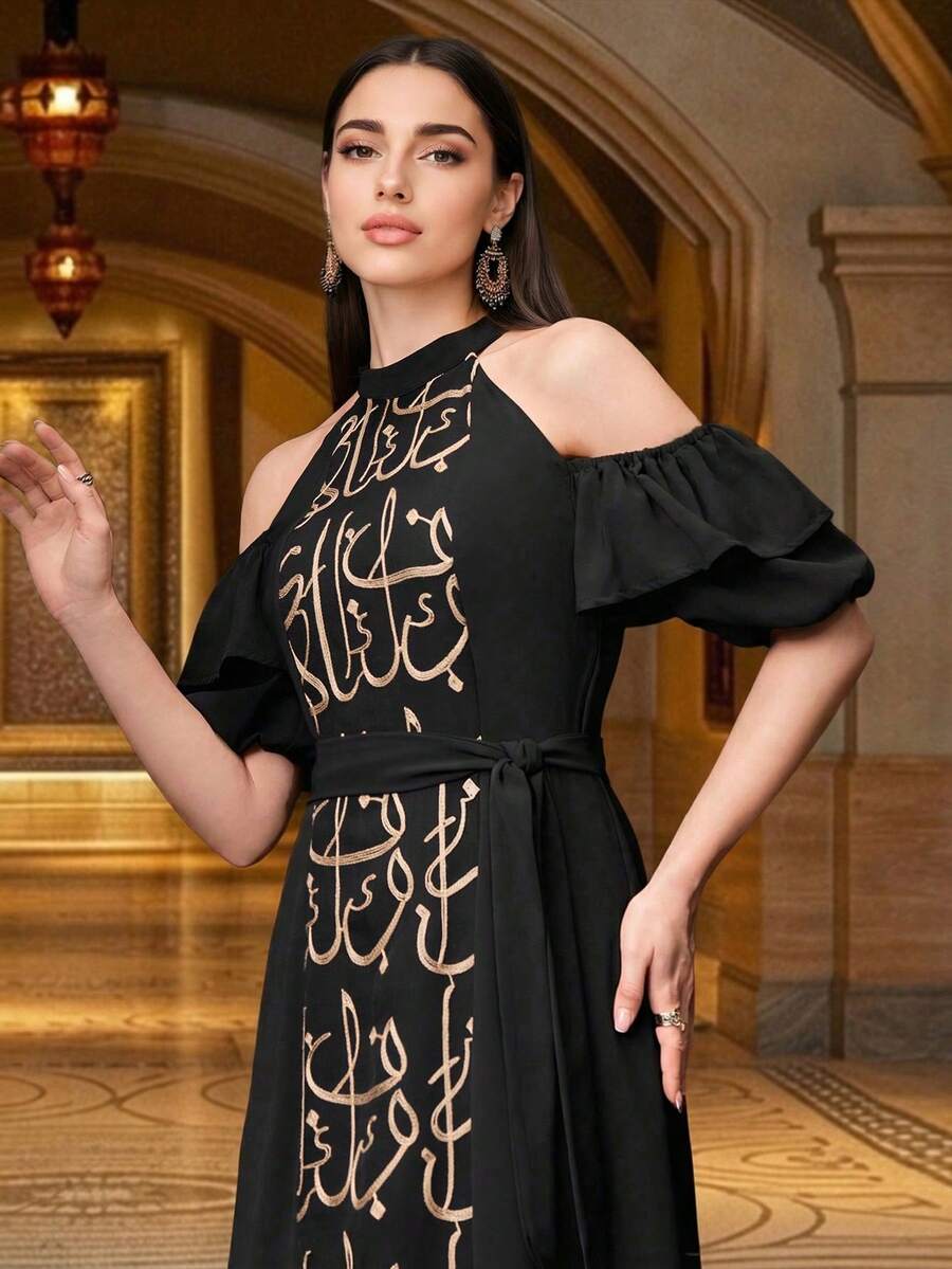 Elegant Arabian Long Dress With Cold Shoulder And Embroidered Details Belted Ruffle Hem Woven Fabric