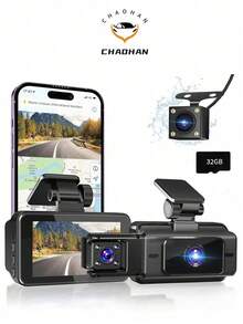 三通道行车记录仪，前后双录，1080P全高清，配备128GB SD卡，3英寸IPS屏幕，夜视功能，170°广角，WDR宽动态范围，24小时停车监控，150mAh电池