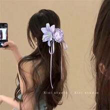1PC Lavender Peony Ribbon Bow Hair Clip Forest Style Floral Hair Accessories For Women Realistic Flower Side Clip Aesthetic Hair Ornaments Lightweight Comfortable Wear - 紫色 - 查看 6