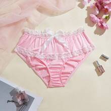 Sexy Lingerie, Pure Desire, Young Woman, Sensual, Pink Tulle, Embossed Lace, Mid-Rise, Pure Desire, Playful Bow Tie, Cotton Crotch, Triangle Panties. - Pink - View 9