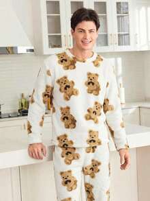 男士两件套保暖抓绒泰迪熊印花睡衣套装，柔软舒适冬季睡衣，可爱泰迪熊设计