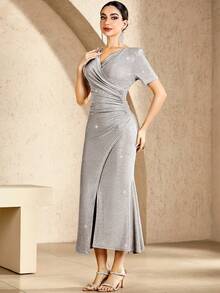 女士水钻装饰交叉领口褶皱腰部开衩下摆优雅迷人连衣裙 - 杏色 - 查看 6