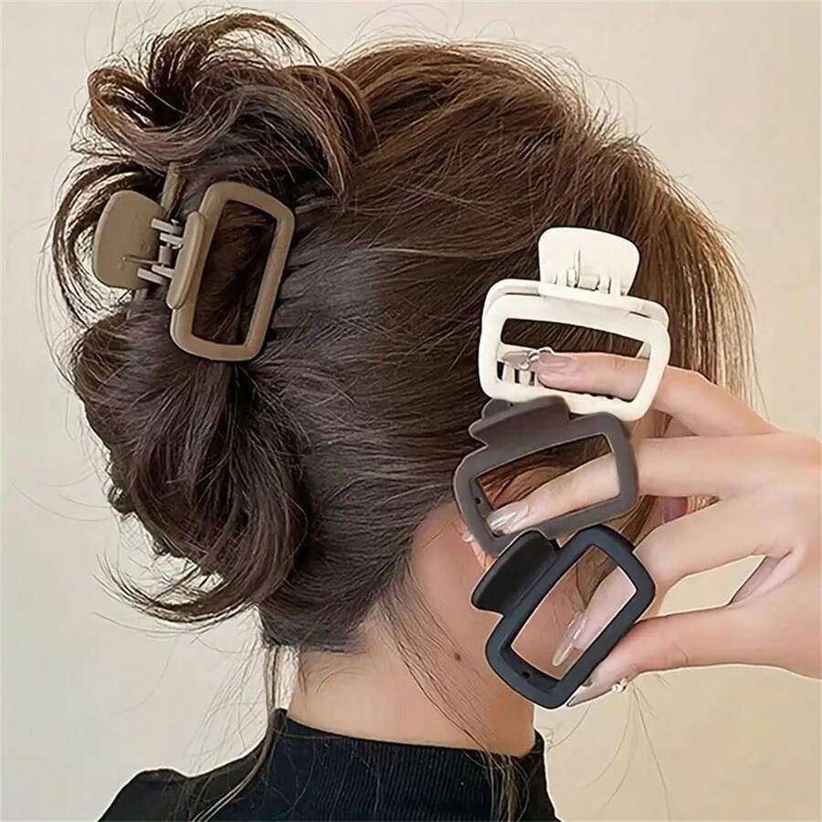 4pcs Medium Square Hair Clips For Women - Black White Khaki Brown, Lightweight Plastic For Daily Makeup & Outfit Matching - 4PCS - 查看 1
