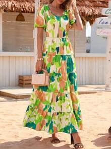 Women's Dress, Puffed-Sleeve Floral Casual Summer Dress, Pleated Back, Beach Flowing, Layered Long Sundress - 綠色大花 - 查看 2