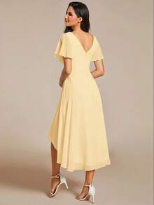 Women's V-Neck Ruffle Sleeve Asymmetric Hem Mid-Length Wedding Guest Dress Spring - Yellow - View 3
