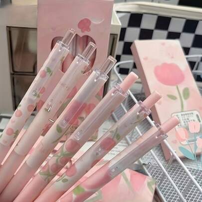 6pcs Cute Flower Press Ballpoint Pen, Retractable Tip, Comfortable Grip, Pink Tulip Design, Female Voice Cute Stationery, Personalized Stationery Set, Stationery Signature Pen, Suitable For Students And Office Staff, Study Supplies, Painting And Art Creation Supplies, Classroom Rewards, Return To School Season, Back To School Supplies, Valentine's Day And Easter Gifts [Mixed Shipment]