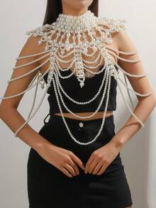 1pc Handmade Woven White Faux Pearl Necklace/Body Chain, Unisex, Beaded Necklace For Women, Suitable For Wedding, Party, Carnival, Fashion Show, Gift - White - View 2