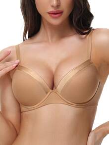 WINGSLOVE Este Sutiã Bege Profundo em V Sem Costura é Muito Popular: Acolchoamento Leve, Alças Ajustáveis Cruzadas e Tecido Liso - Combina Ajuste Invisível e Efeitos de Modelagem. Design Versátil, Combina Perfeitamente com Tops/Vestidos em V e Uso Diário, Tornando-o uma Escolha Ideal para Quem Busca Lingerie Confortável e da Moda! - Castanho - Visão 1