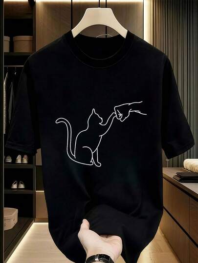 Camiseta negra para hombres con gato blanco &amp;   Gráfico de Puño - Camiseta Casual de Manga Corta con Cuello Redondo Top Ligero de Verano para Atuendo Casual. Camiseta de uso diario diseño juguetón cómoda camiseta de hombre camisetas gráficas tops cortos camiseta