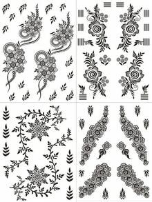 4张黑色指甲花图案临时纹身贴纸，性感花卉手部纹身，适合女性，可用于节日、婚礼、派对、斋月装饰，素描风格 - 黑色 - 查看 4