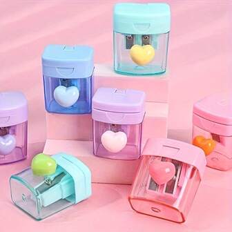 2 piezas Sacapuntas con forma de corazón de un solo/doble orificio - Diseño de dibujos animados creativos, material de plástico duradero, adecuado para útiles escolares y de oficina, gran regalo o premio de vuelta a la escuela, papelería, diseño interesante, estructura resistente