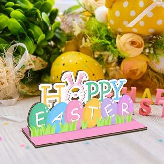 1pc Wooden Easter Decor With Happy Bunny And Eggs - Spring Tabletop Decoration, Multipurpose Home And Art Decor, Ideal Easter Gift, Perfect For Family And Friends Easter Decoration