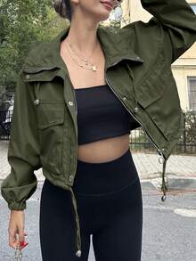 Womens Cropped Zip Up Jacket Lightweight Oversized Utility Anorak Long Sleeve Solid Color Coat With Pockets - Beige - View 1