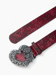 1pc BOHO Streetwear Punk Women's Belt, Cowgirls, Y2K Western Red Heart Rose Embossed Buckle Print Dark Red Belt, Matching Pants Skirts, Party, Festival Gift, Music Festival, Birthday Gift - Multicolor - View 4
