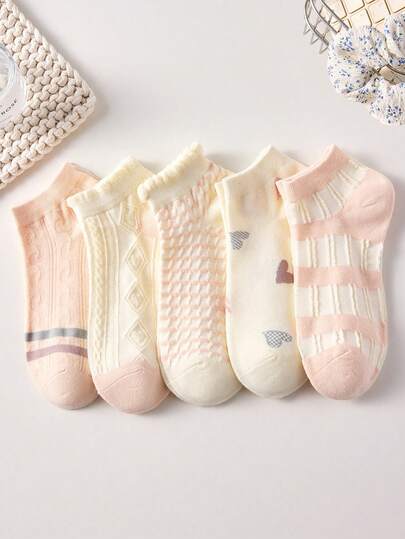 5 pares de calcetines tobilleros para mujer con estampado de corazón, opciones de color blanco o rosa, calcetines invisibles cómodos y casuales, estilo escolar para estudiantes, color aleatorio, adecuados para uso diario y salidas, para todas las estaciones