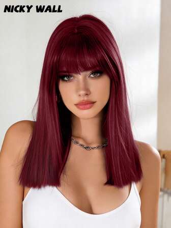 NICKY WALL Peluca de cabello sintético de alta calidad de 18 pulgadas de largo medio recto con flequillo, color borgoña, para uso diario y de fiesta para mujeres y niñas
