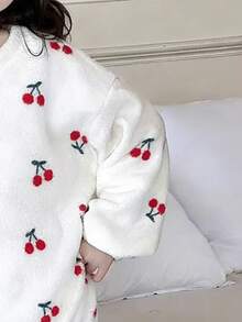 Conjunto de felpa coral con estampado de cerezas, cómodo y versátil, para niñas, otoño/invierno - Blanco - Ver 5