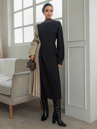 DAZY 女士外套内搭连衣裙，腰部收褶中长款百褶连衣裙，秋季服装，返校服长袖连衣裙