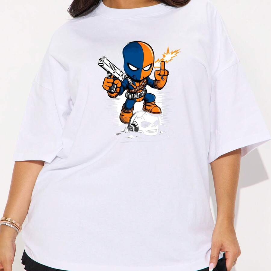 Chibi Deadpool Print Oversized T Shirt Casual Summer Streetwear Fun Graphic Top,Unisex T-Shirt,Clean Girl Aesthetic, Minimalist Ribbed Knit, Effortless Chic For Work & Weekend - 白色 - 查看 1