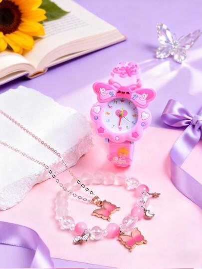 3pcs Girls' Gift Set: 2026 New Cartoon Butterfly Soft Silicone Strap Student Watch, Creative Design Elementary School Quartz Wristwatch, Butterfly Necklace & Bracelet Jewelry