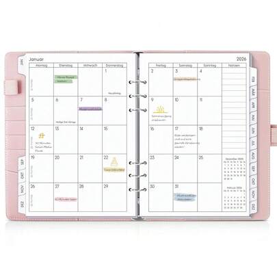SKYDUE Kalender Ringbuch A5 Nachfüllbar, Ringbuch A5 Nachfüllbar Von Dezember 2025 Bis Dezember 2026, Terminplaner 2026 Perfekt Für Schüler Und Berufstätige(Rosa)
