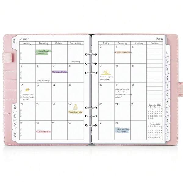 SKYDUE Kalender Ringbuch A5 Nachfüllbar, Ringbuch A5 Nachfüllbar Von Dezember 2025 Bis Dezember 2026, Terminplaner 2026 Perfekt Für Schüler Und Berufstätige(Rosa)