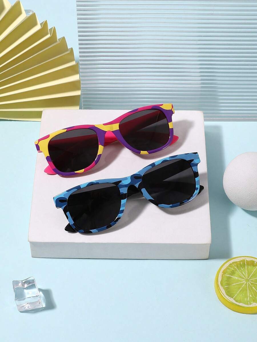 2副男女童款（6-12岁）经典休闲方形镜框时尚眼镜，聚碳酸酯镜腿，轻便舒适，适合假日外出佩戴，附眼镜盒 - 彩色 - 查看 1