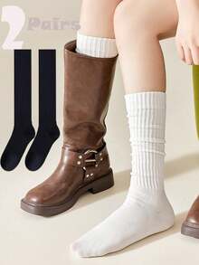 1双女士简约黑白修身中筒袜，保暖长袜，适合日常搭配皮鞋穿着，秋冬季节适用。 - 彩色 - 查看 5