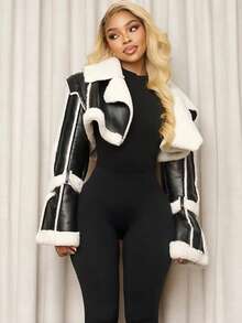 Women's Jacket, New Autumn-Winter Style, Fashionable Women's Clothing, Patchwork, Retro, Plush Lapel Short Fur-Coat In One Piece - 黑色 - 查看 4