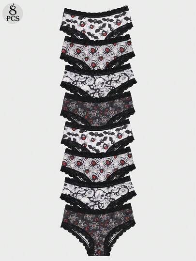 Dircho 8-Piece Women's Edgy Print Briefs Set & Bat Pattern & Spider DesignBlack Lace Trim & Soft Fabric & Monochrome ColorwayDaily Comfort Underwear & Daring Casual Style