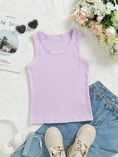 1 pieza Camiseta deportiva de tirantes anchos de cuello redondo acanalada de unicolor y sencilla para niñas, capa base suave, cómoda y transpirable, adecuada para usar por capas, uso diario, entrenamiento, baile