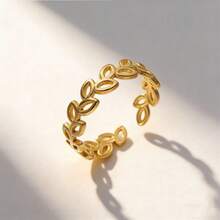 1 pezzo Anello regolabile elegante in acciaio inossidabile placcato oro con motivo a foglia traforata, adatto per uso quotidiano e come regalo per le vacanze - Come mostrato nella foto - Visualizzare 4