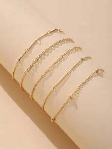 5pcs/Set Fashionable Multi-Layer Anklet Set, Geometric Personalized Versatile Anklet Jewelry, Suitable For Daily, Beach, Vacation Wear - 5-piece Bamboo Joint Set - View 5