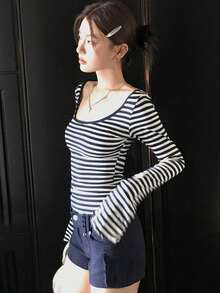 Tie-Up Striped Long Sleeve T-Shirt For Women, Sexy Backless Crop Top - Navy Blue - View 5