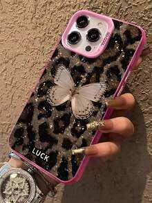 1pc New Shiny Gold Butterfly Leopard Print﻿Compatible For Phone 16/15/14/13/12/11/8/ 7ProMax/Pro/Plus/Xs Max/XS/X,For Compatible With Colored Silver Hard Shell, Fall Prevtion Anti-Shock, Anti-Slip, Anti Drop, Camera Ls Protection, Silicone Anti Wear Phone﻿﻿﻿.Holiday Phone Accessories.Cute Phone Cases 16 Case Silicone Phone Case Pink Christmas Cover De - Pink - View 1