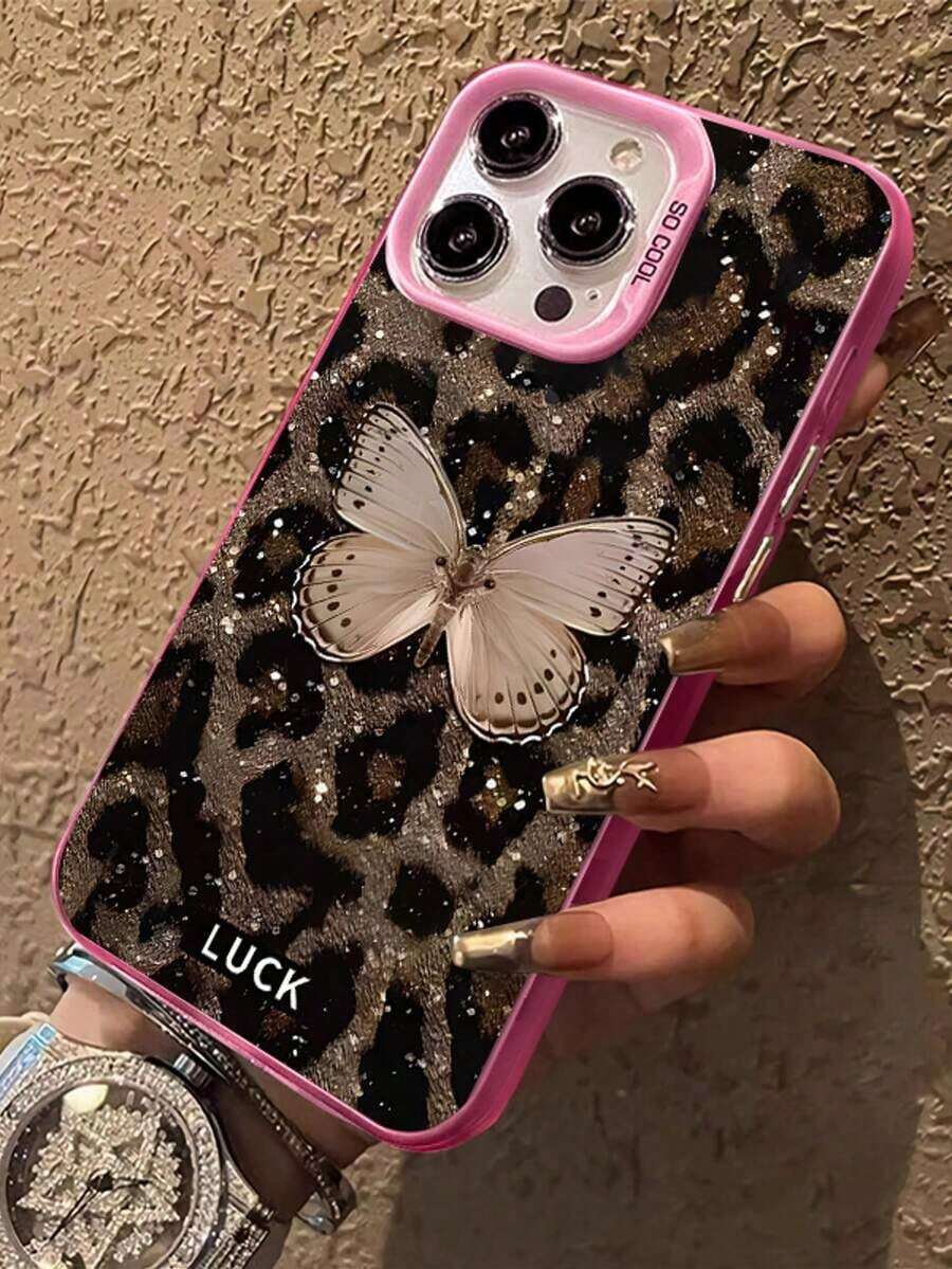 1pc New Shiny Gold Butterfly Leopard Print﻿Compatible For Phone 16/15/14/13/12/11/8/ 7ProMax/Pro/Plus/Xs Max/XS/X,For Compatible With Colored Silver Hard Shell, Fall Prevtion Anti-Shock, Anti-Slip, Anti Drop, Camera Ls Protection, Silicone Anti Wear Phone﻿﻿﻿.Holiday Phone Accessories.Cute Phone Cases 16 Case Silicone Phone Case Pink Christmas Cover De - Pink - View 1