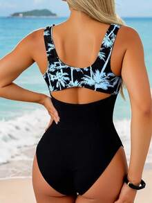 Đồ bơi thể thao mùa hè mới. Đồ bơi một mảnh không tay thi đấu dành cho nữ có họa tiết trang trí ở hông, Đồ bơi thể thao bơi lội bằng vải co giãn cao, Thiết kế lưng chữ A thời trang phối màu, Thích hợp cho bơi thi đấu, bơi lội bãi biển, kỳ nghỉ và luyện tập - Cây dừa đen + xanh - Xem 6