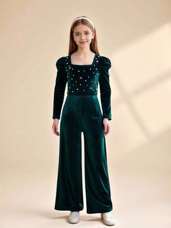 Flickjumpsuit med fyrkantig krage och puffärm i sammet