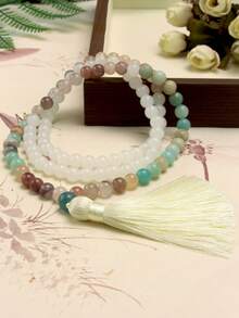 99/108 chiếc Vòng cổ tua rua bằng đá tự nhiên, đá Amazonite Bohemian, đá đốm xanh và đá Beryl nhiều màu, kiểu Trung Quốc, vòng cổ yoga dài. - nhiều màu - Xem 12