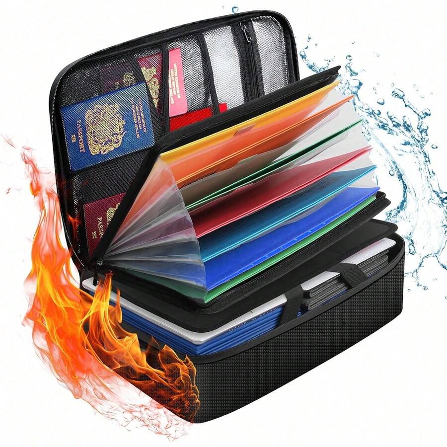 Fireproof Document Box With Lock,15''*11.2''*4.3''Expandable File Storage Box With 13 Transparent Pockets, Heat Resistant Waterproof Fire Proof Documents Storage Box For Office And Business - 1 - View 1