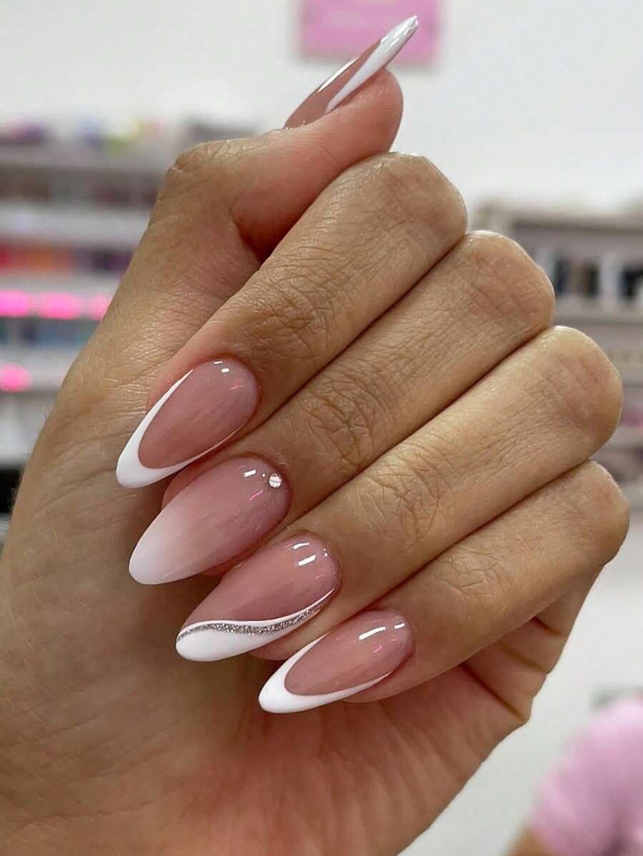 24pcs French Manicure Nail Stickers, Medium Almond Shape Ombre Line Decor, 3D Rhinestone Design, Minimalist Y2K Style, Smooth Surface, Full Coverage, Suitable For Women And Girls Daily Wear Nails - Multicolor - View 1
