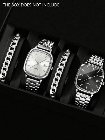 4pcs/Set Minimalist Business Men's Quartz Watches, Men's Silver Accessory Set (Including 2 Black & White Dial Square Quartz Watches And 2 Silver Chain Bracelets), Featuring Silver Metal Watchbands And Chain Bracelets, Minimalist And Refined Style To Showcase Men's Sophisticated Taste.