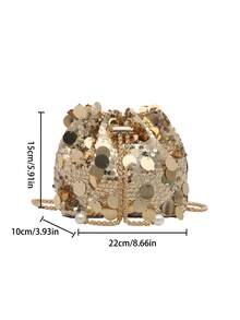 1pc Chain Drawstring Closure PVC Sequin Shiny Bucket Bag, Metal Pearl Decor Glitter Colorful Women's Evening Clutch Shoulder Crossbody Lipstick Bag, Fashion Gift, Suitable For Women's Party And Evening Wear - Gold - View 3