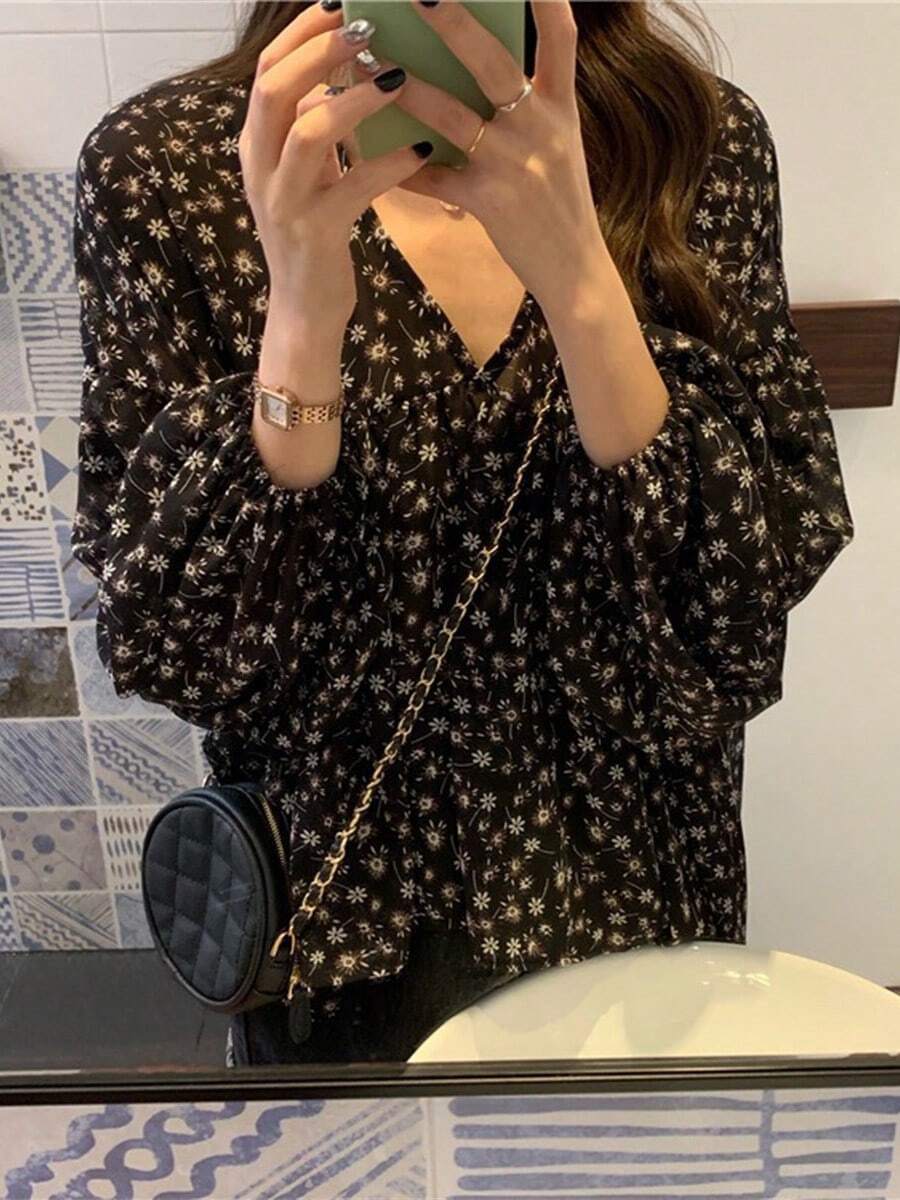 Primavera y otoño nuevo dulce simple suelta temperamento salvaje V-cuello floral de manga larga blusa de gasa camisa blusas elegantes dama - Negro - Ver 1